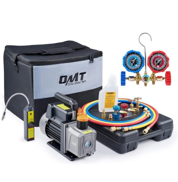 BOMBA DE VACIO HVAC 150 W CON KIT DE MANOMETRO Y MANGUERA DE GOMA TRICOLOR