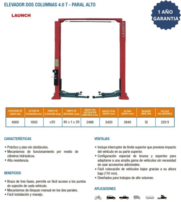 ELEVADOR 2 COLUMNAS LAUNCH PARAL ALTO