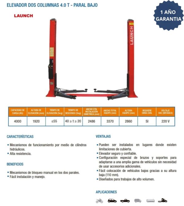 ELEVADOR 2 COLUMNAS LAUNCH PARAL BAJO